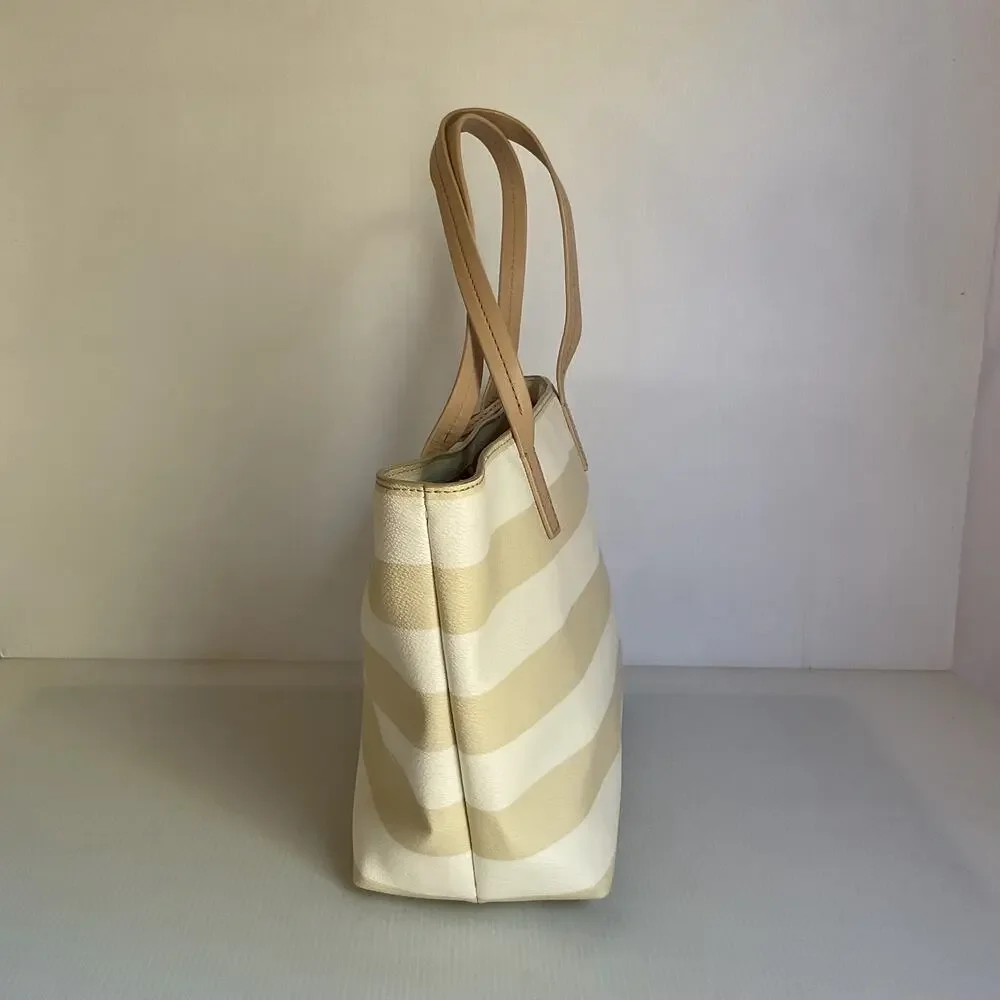 Kate Spade New York Striped Tote Bag Cream Beige Spade Charm Bow Shopper
